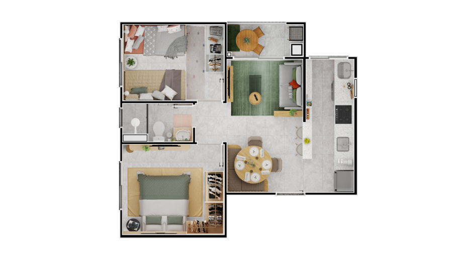 Dois quartos com living integrado e sacada